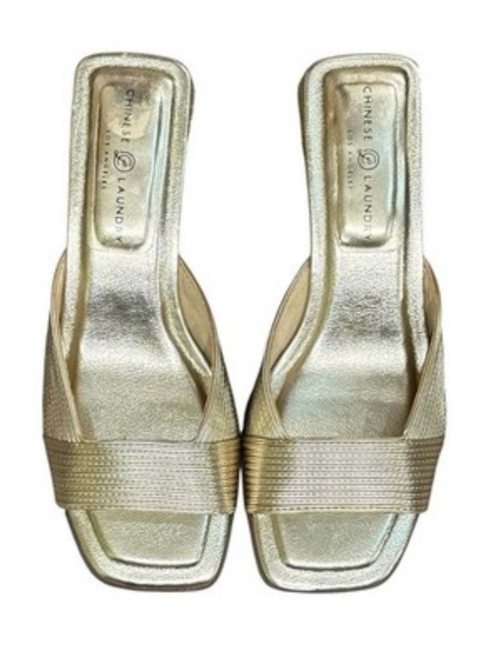 Chinese Laundry Women's Gold Criss Cross Block Heel Mules Sandals Size 7.5